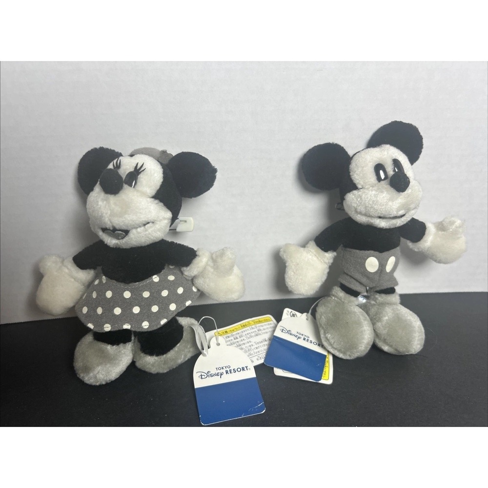 Tokyo Disney Minnie And Mickey Classic Monochrome Plush Beanie"s RARE - Picture 1 of 8